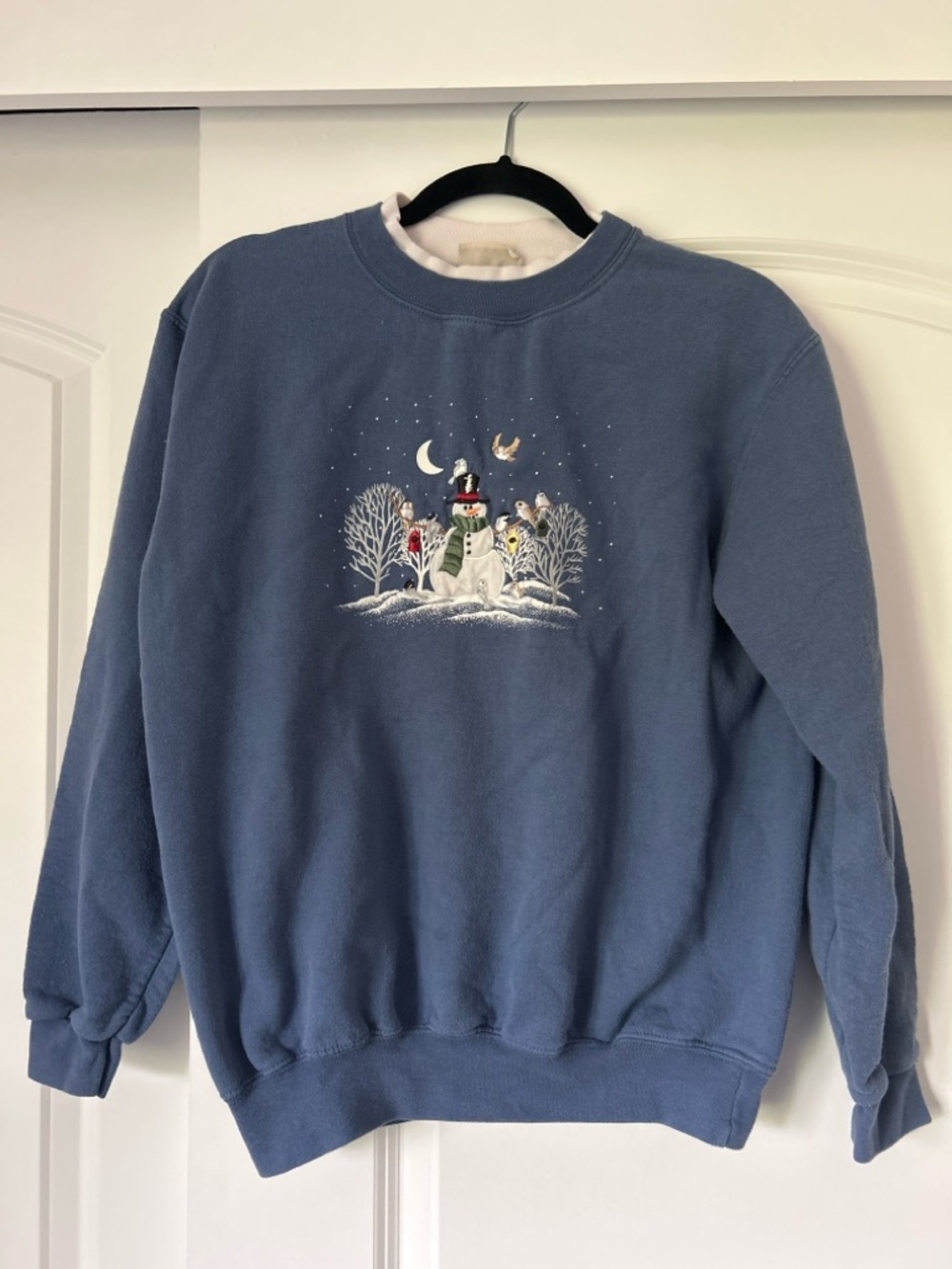 Blue Embroidered Snowman Crewneck Sweater - Classic Holiday Pullover